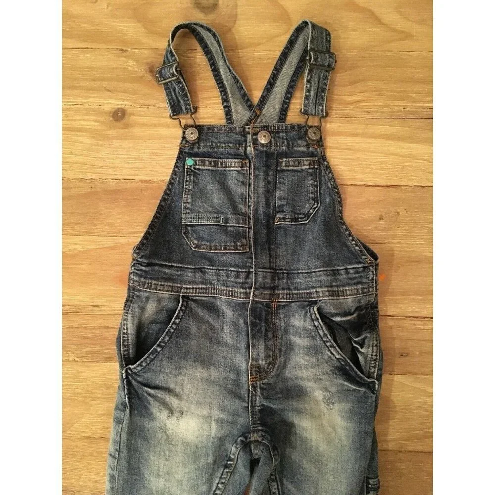 H&M &Denim Distressed Denim Long Overalls Jeans Medium Wash Girls Size 3-4Y